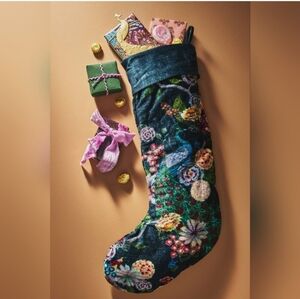 Anthropologie Jaya Christmas stocking embroidered flower peacock xmas holiday